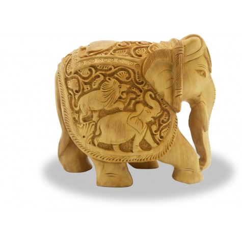 Elephant in Wood with Carving of Hunting Lion on its Belly - Wooden Handicraft from India