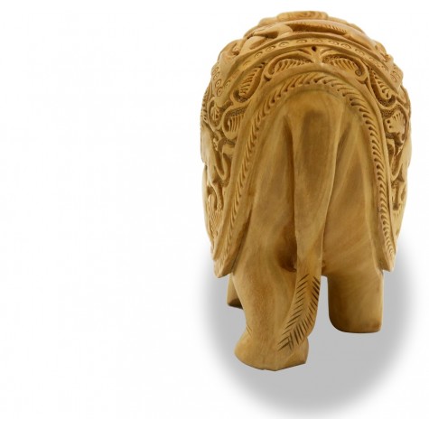 Elephant in Wood with Carving of Hunting Lion on its Belly - Wooden Handicraft from India