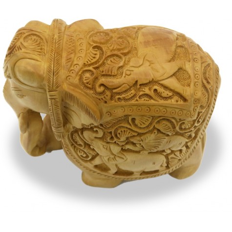 Elephant in Wood with Carving of Hunting Lion on its Belly - Wooden Handicraft from India