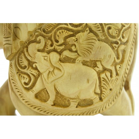 Elephant in Wood with Carving of Hunting Lion on its Belly - Wooden Handicraft from India