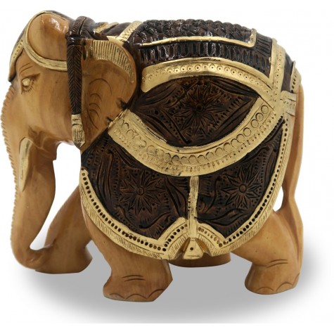 Elephant with Carving and Antique Look in Wood - Wooden Handicrafts from India