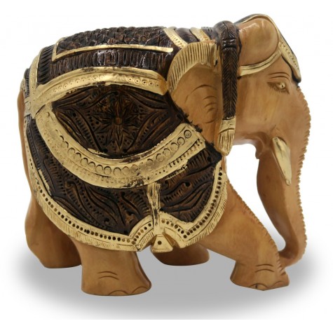 Elephant with Carving and Antique Look in Wood - Wooden Handicrafts from India