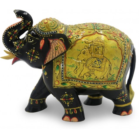Elephant in Wood Upper Trunk with Miniature Painting - Handmade from India