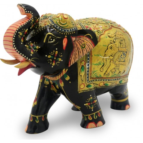 Elephant in Wood Upper Trunk with Miniature Painting - Handmade from India