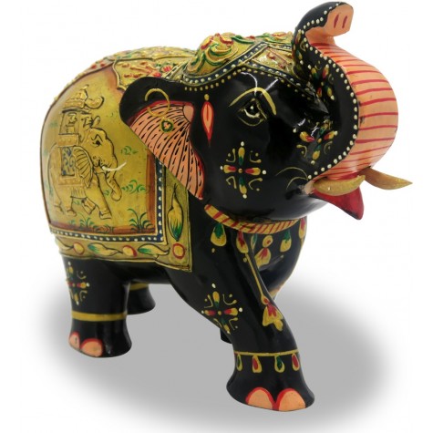 Elephant in Wood Upper Trunk with Miniature Painting - Handmade from India