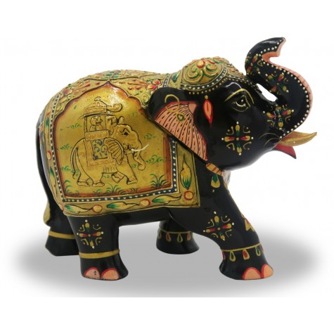 Elephant in Wood Upper Trunk with Miniature Painting - Handmade from India