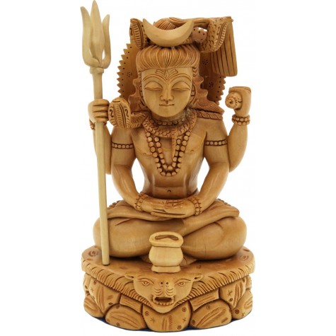 Lord Shiva Sitting in Penance Handmade in Wood - Shiva Statue in Wood Indian Handicraft