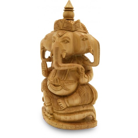 Ganesha with 3 faces - 3 Mukhi Ganesh Statue in Wood - Indian Handicraft in Wood