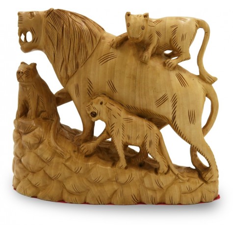 Lion Family Carved in Wood - Animal Figurines in Wooden Indian Handicrafts