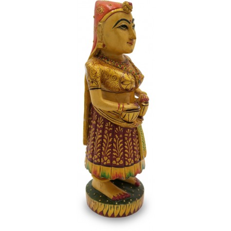 Rajasthani Traditional Women Musician Carved in Wood - Indian Wooden Handicraft