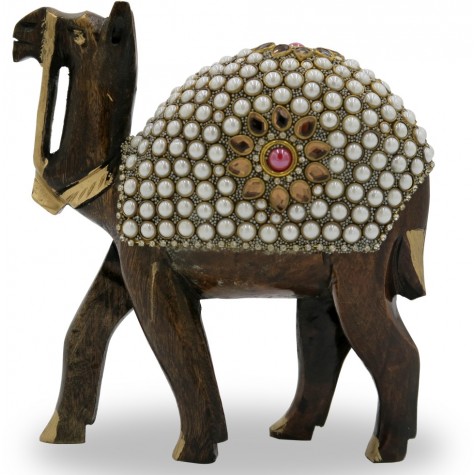 Camel Handmade in Wood with Stone Work - Animal Figurines in Wood