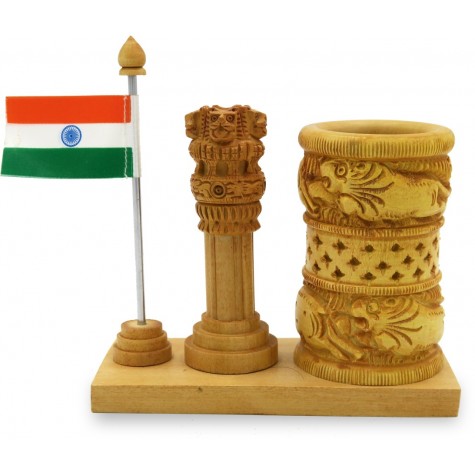 Pen Stand Carved with Hunting Lion and Ashok Stambh made in Wood