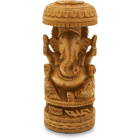 Ganesha with Umbrella Carved in Wood - Handicraft in Wood