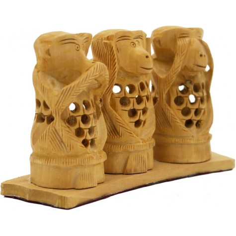 3 Monkeys of Gandhi - Wooden Carving with Jaali Work