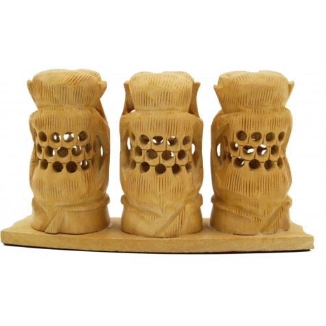 3 Monkeys of Gandhi - Wooden Carving with Jaali Work