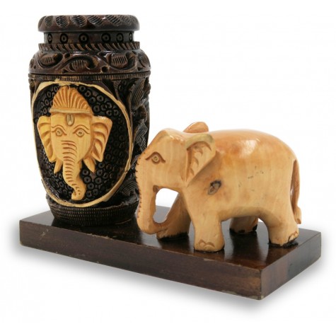 Pen Stand with Ganesha Face & Elephant in Wood