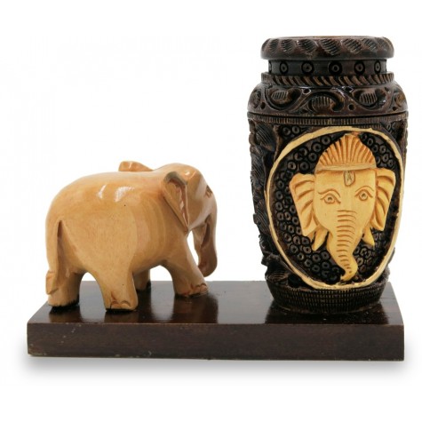 Pen Stand with Ganesha Face & Elephant in Wood