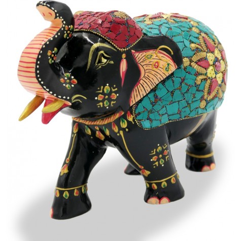 Elephant 6 inches with Upper Trunk in wood having Nepali Painting - Indian Handicraft Gift Elephant