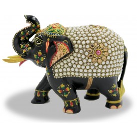 Elephant with Trunk Up in Wood with Stone Work - Indian Handicraft