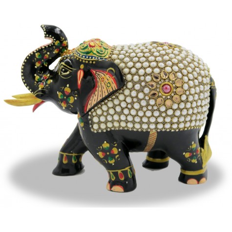 Elephant with Trunk Up in Wood with Stone Work - Indian Handicraft