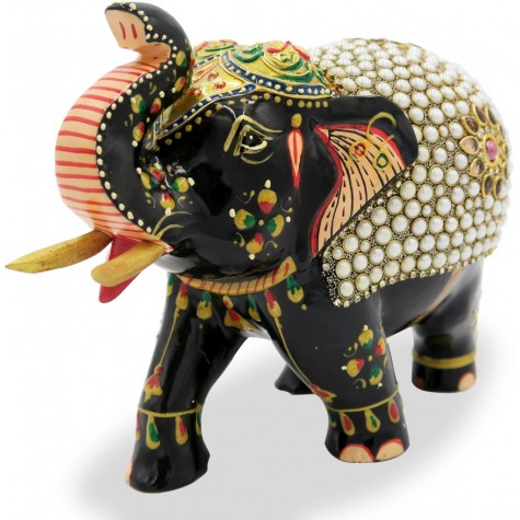 Elephant with Trunk Up in Wood with Stone Work - Indian Handicraft
