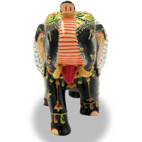 Elephant with Trunk Up in Wood with Stone Work - Indian Handicraft