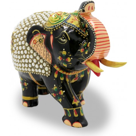 Elephant with Trunk Up in Wood with Stone Work - Indian Handicraft