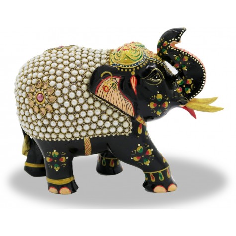 Elephant with Trunk Up in Wood with Stone Work - Indian Handicraft