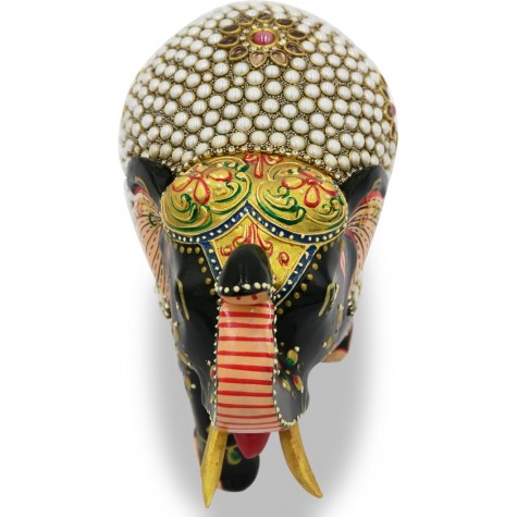 Elephant with Trunk Up in Wood with Stone Work - Indian Handicraft