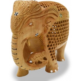 Elephant Wooden Handicraft Holding Small Baby Elephant in Trunk