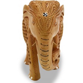 Elephant Wooden Handicraft Holding Small Baby Elephant in Trunk