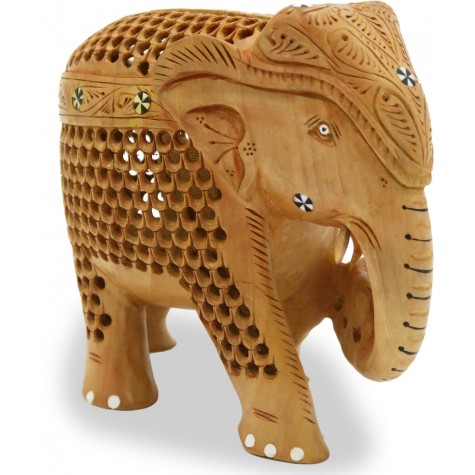 Elephant Wooden Handicraft Holding Small Baby Elephant in Trunk