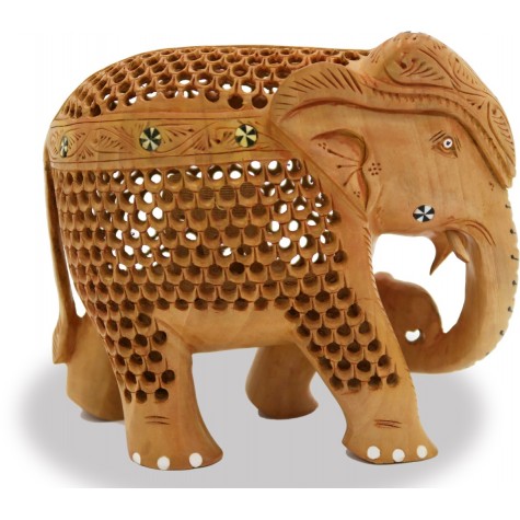 Elephant Wooden Handicraft Holding Small Baby Elephant in Trunk