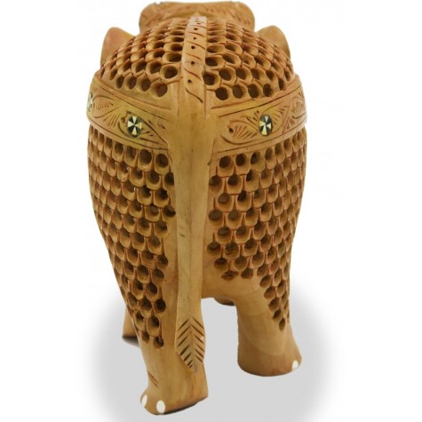 Elephant Wooden Handicraft Holding Small Baby Elephant in Trunk