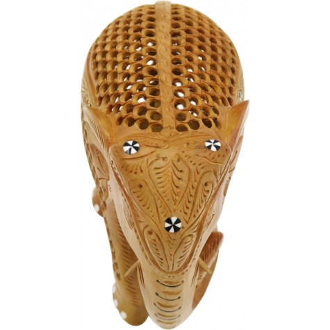 Elephant Wooden Handicraft Holding Small Baby Elephant in Trunk