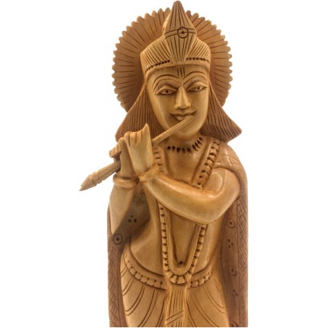 Krishna Wooden Statue Playing Flute - Handicraft of Krishna in wood Home Decor Gift Handmade from India