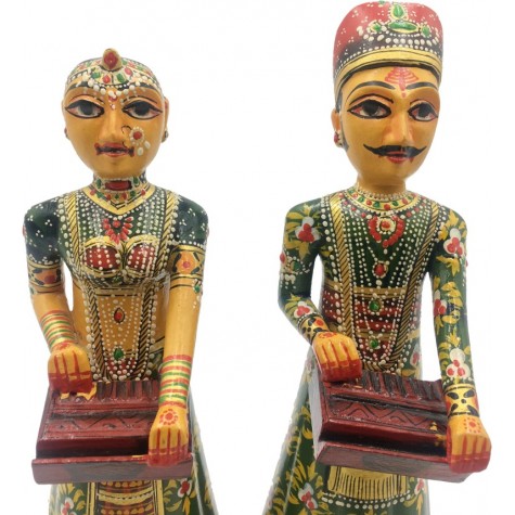 Pair of Rajasthani Musicians Handmade in Wood - Home Decor Wooden Artifact