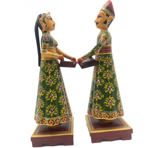 Pair of Rajasthani Musicians Handmade in Wood - Home Decor Wooden Artifact