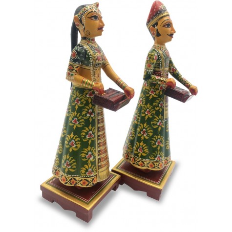 Pair of Rajasthani Musicians Handmade in Wood - Home Decor Wooden Artifact