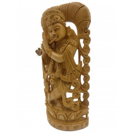 Krishna statue hand carved in wood 8 inches - Wooden Krishna carving playing flute | Handmade Idols and figurines