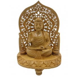 Buddha statue sitting in meditation on a pedestal with an arch carved in wood 9 inches - Buddha idols and figurine hand carved in wood