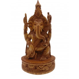 Majestic Ganesh statue in wood 10 inches - Ganesha idol and Ganpati figurines hand carved in kadam wood - wooden handicrafts from India 