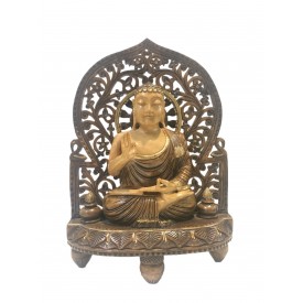 Buddha statue sitting in meditation on a pedestal with an arch carved in wood 10 inches - Buddha idols and figurine hand carved in wood